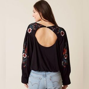 Free People Lita Embroidered Cut Out Long Sleeve Blouse Black
